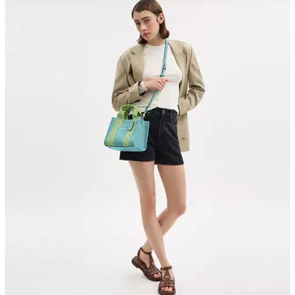 Coach Smith Tote 24 Crossbody In Leather/ Straw Webbing Light Turquoise CBG91 - Picture 10 of 11